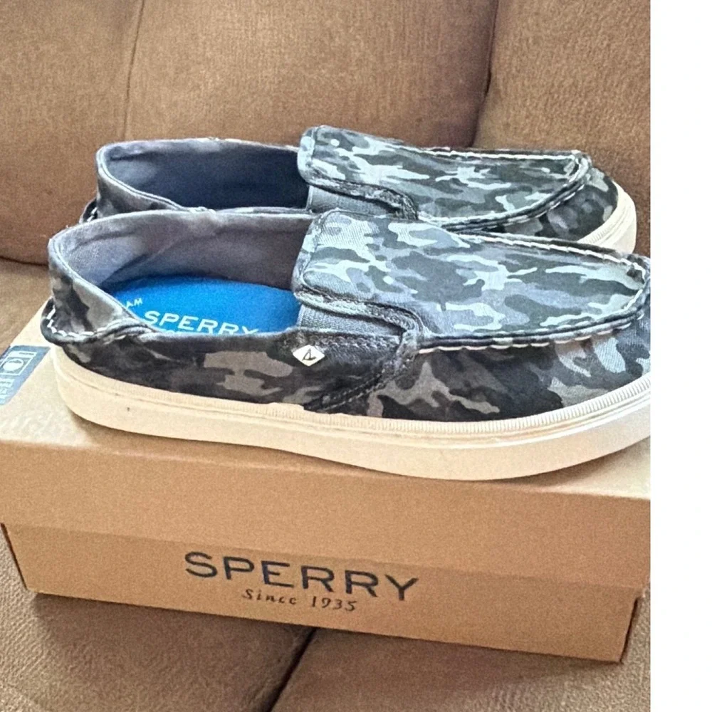 Sperry Salty Washable Boys Grey Camo Slip On Boat Shoes Sneakers 2M SCK265985